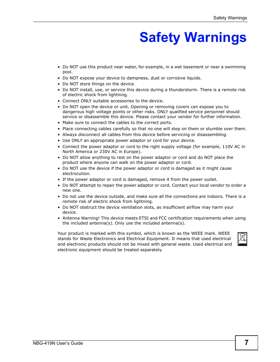 Safety warnings | ZyXEL Communications NBG-419N User Manual | Page 7 / 294