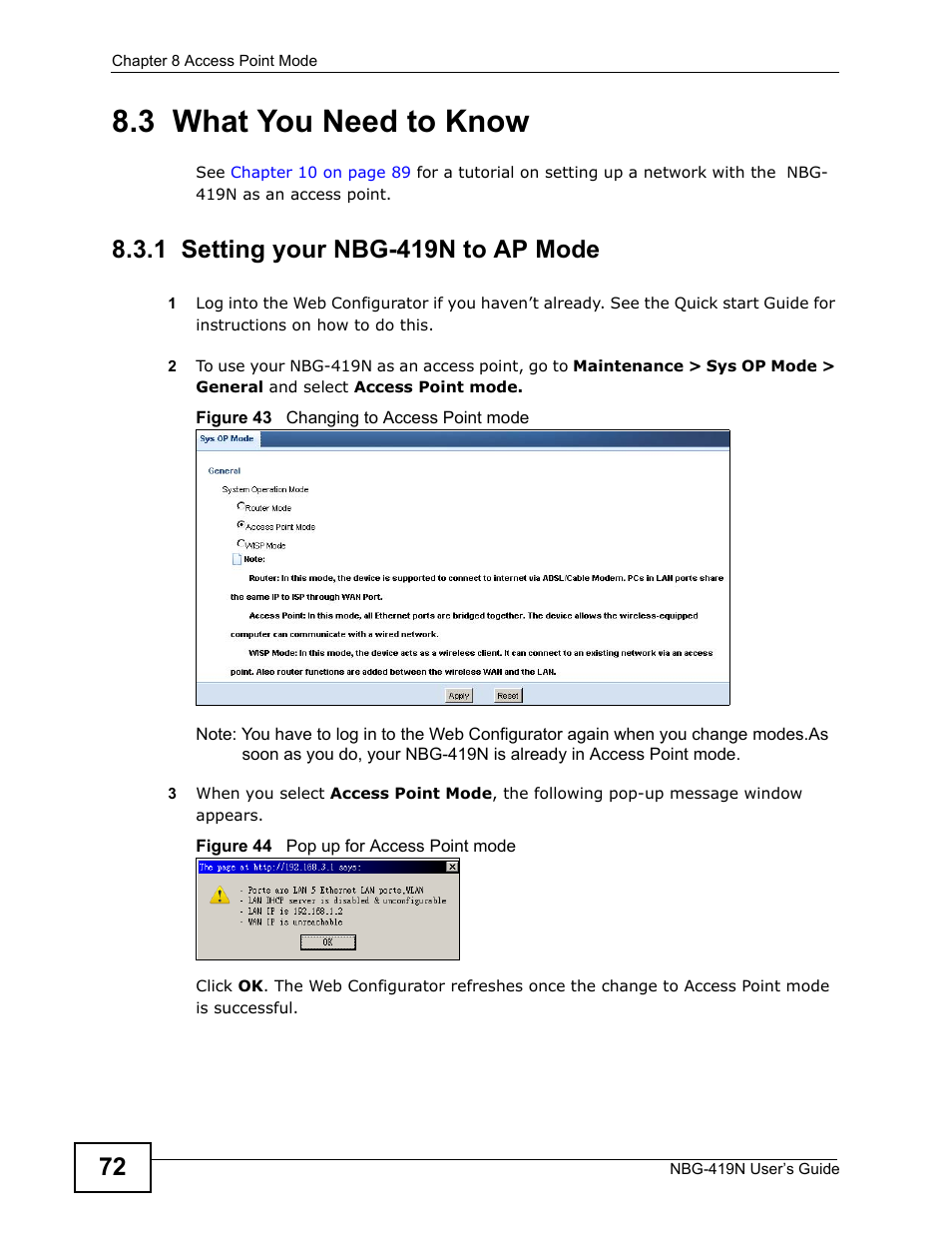 3 what you need to know, 1 setting your nbg-419n to ap mode | ZyXEL Communications NBG-419N User Manual | Page 72 / 294