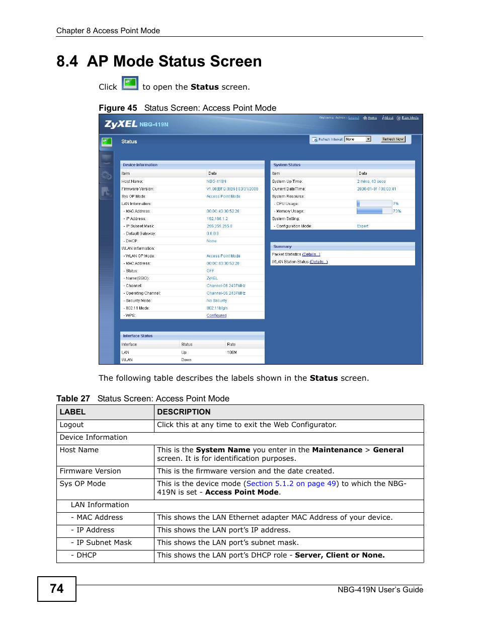 4 ap mode status screen, Section 8.4 on | ZyXEL Communications NBG-419N User Manual | Page 74 / 294