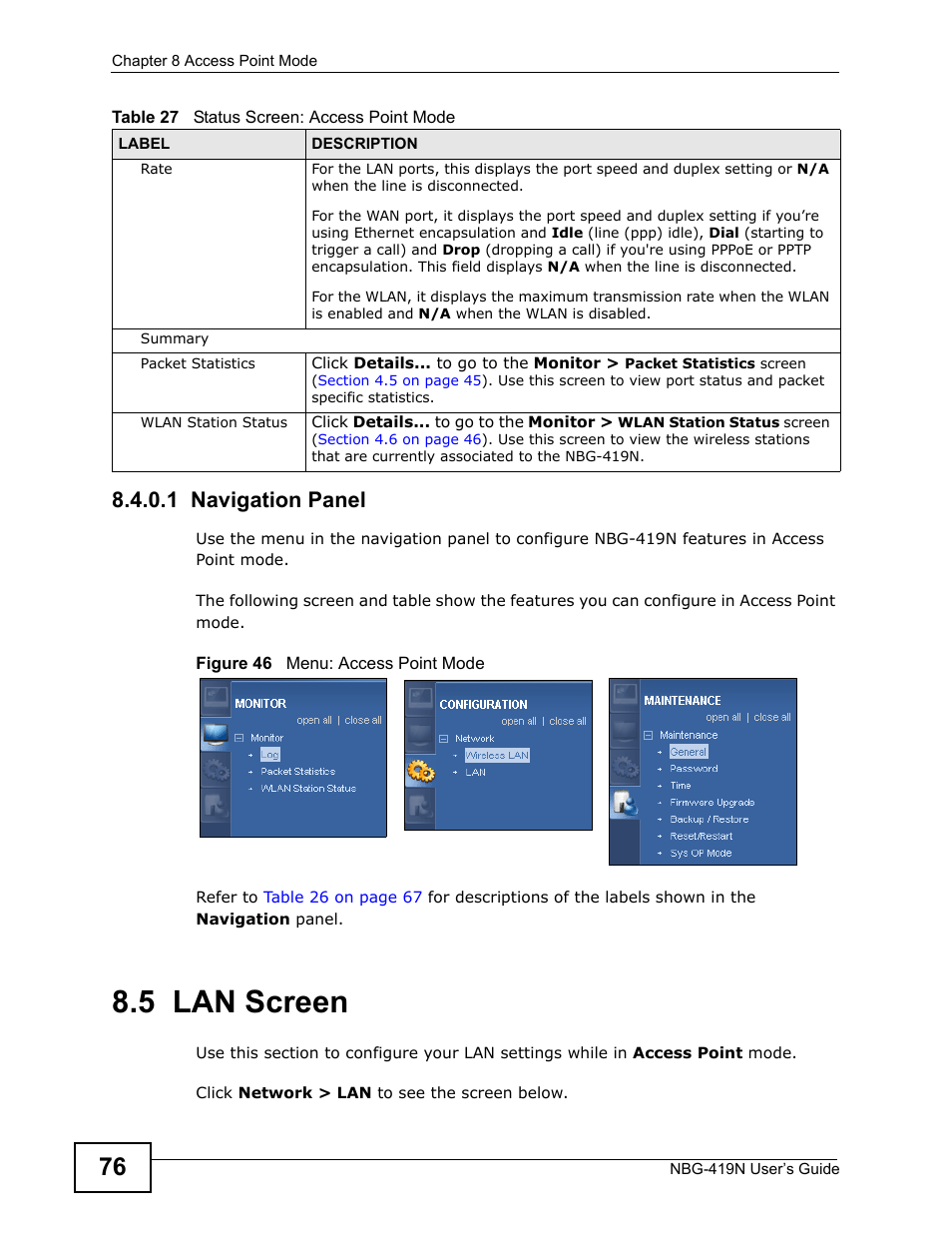 5 lan screen, 1 navigation panel | ZyXEL Communications NBG-419N User Manual | Page 76 / 294