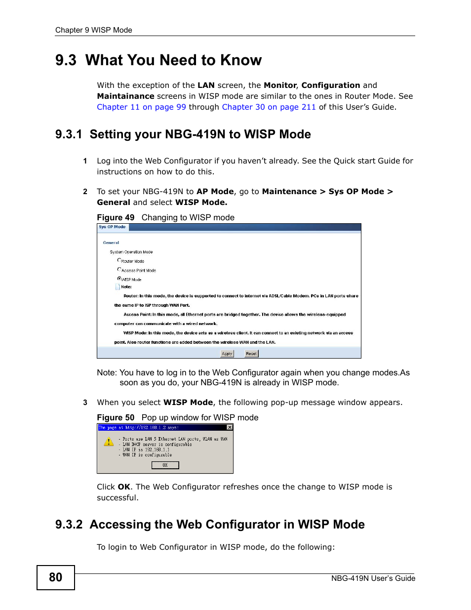 3 what you need to know, 1 setting your nbg-419n to wisp mode, 2 accessing the web configurator in wisp mode | ZyXEL Communications NBG-419N User Manual | Page 80 / 294