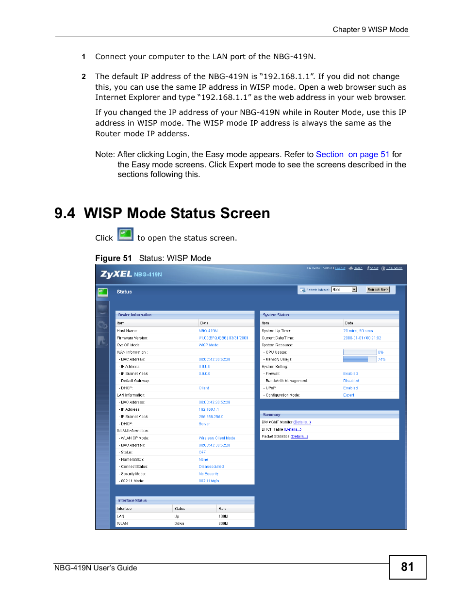 4 wisp mode status screen | ZyXEL Communications NBG-419N User Manual | Page 81 / 294