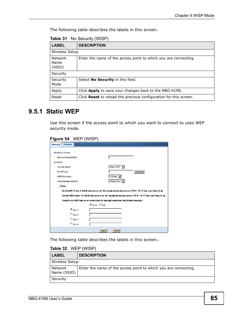 1 static wep | ZyXEL Communications NBG-419N User Manual | Page 85 / 294