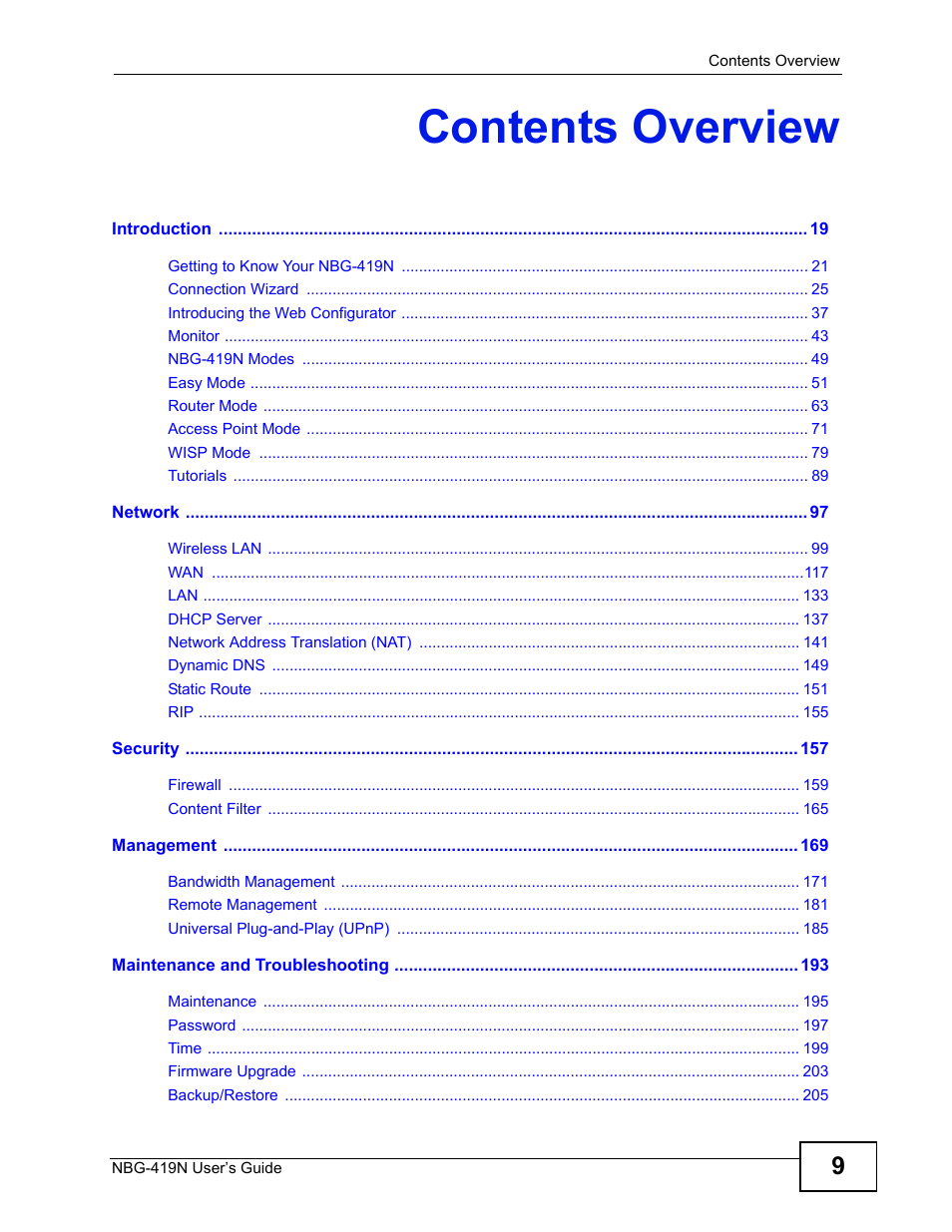Contents overview | ZyXEL Communications NBG-419N User Manual | Page 9 / 294