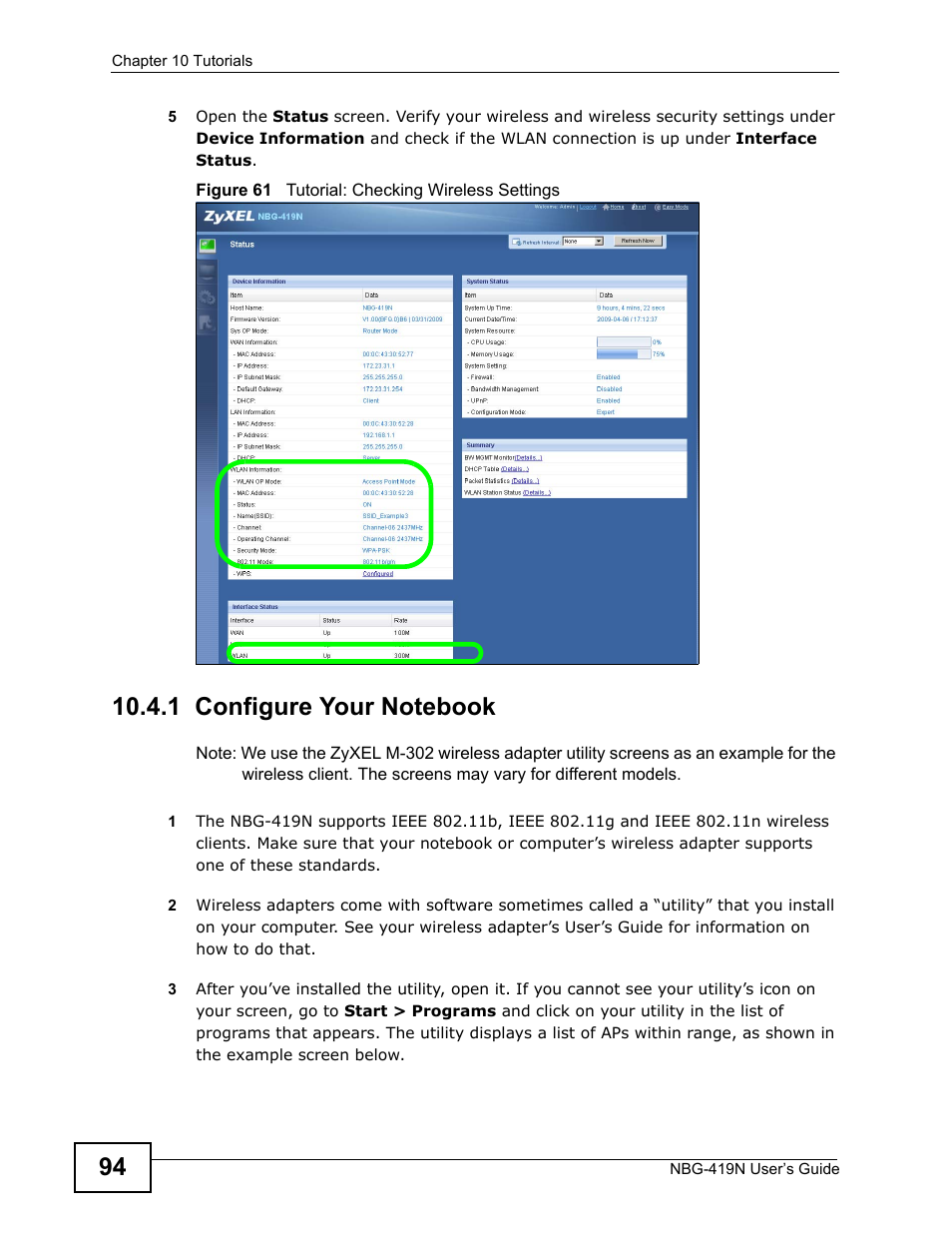 1 configure your notebook | ZyXEL Communications NBG-419N User Manual | Page 94 / 294
