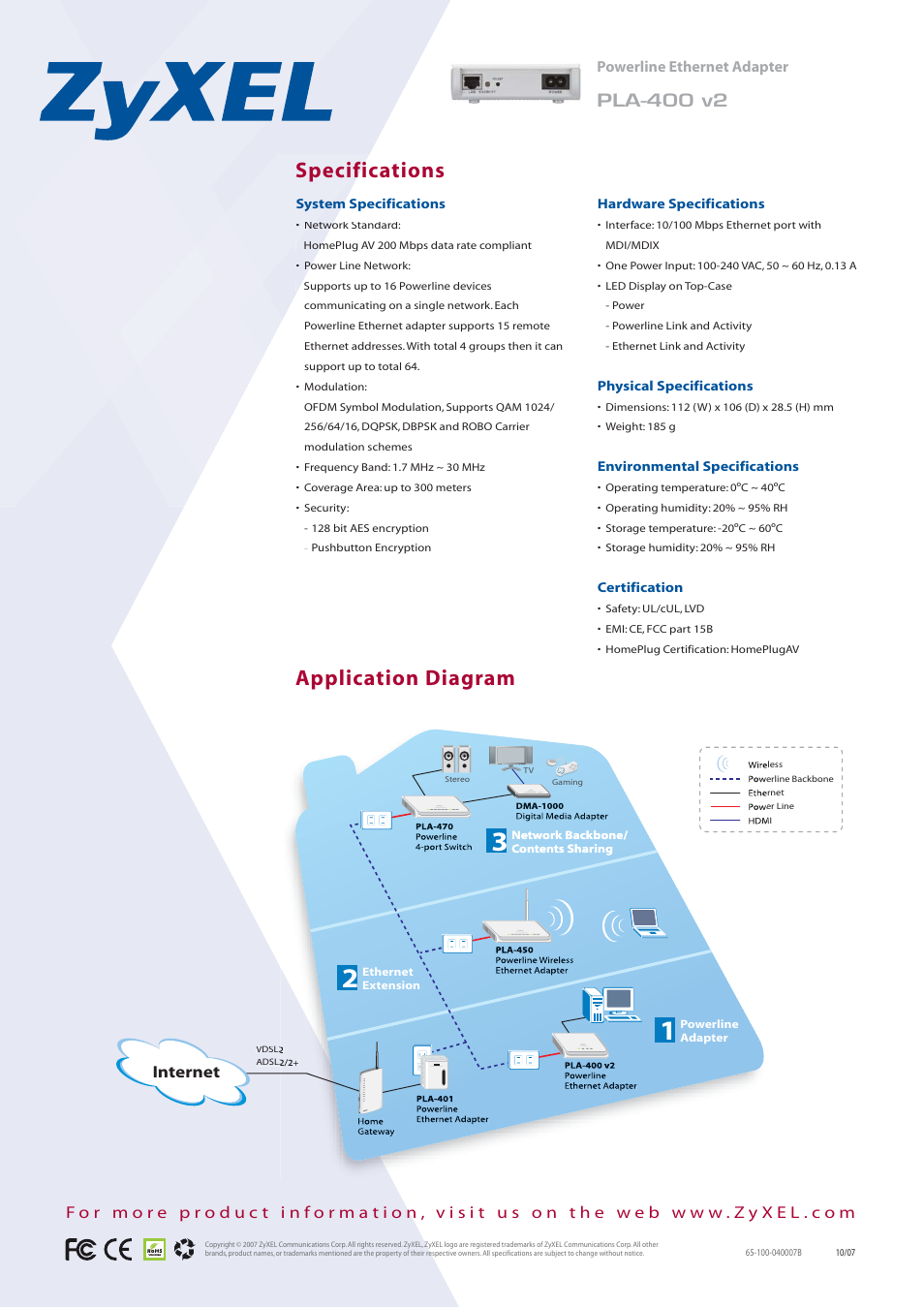 Specifications, Application diagram, Pla-400 v2 | Internet, Powerline ethernet adapter | ZyXEL Communications PLA-400 v2 User Manual | Page 2 / 2