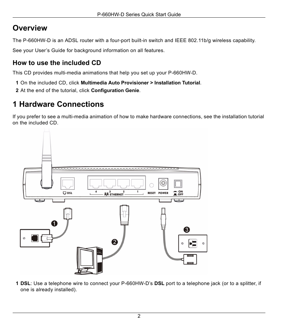 1 hardware connections, Overview | ZyXEL Communications P-660HW-D User Manual | Page 2 / 6