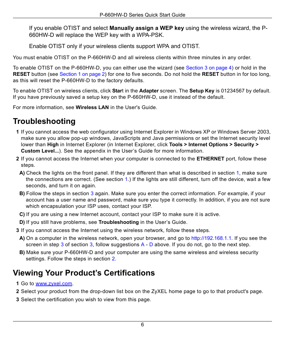 Troubleshooting, Viewing your product’s certifications | ZyXEL Communications P-660HW-D User Manual | Page 6 / 6