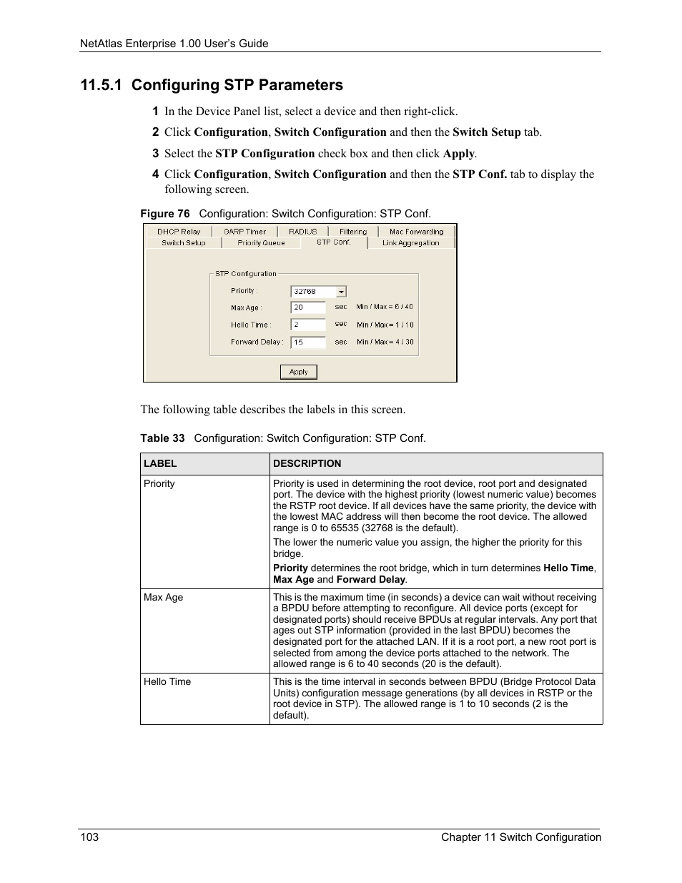 1 configuring stp parameters | ZyXEL Communications 1 User Manual | Page 104 / 174