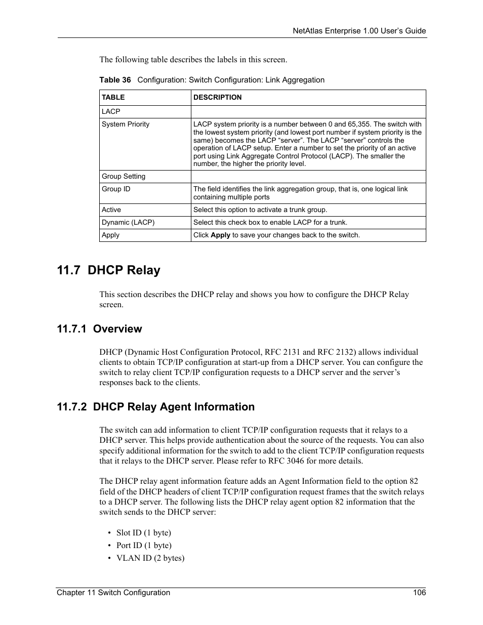 7 dhcp relay, 1 overview, 2 dhcp relay agent information | 1 overview 11.7.2 dhcp relay agent information | ZyXEL Communications 1 User Manual | Page 107 / 174