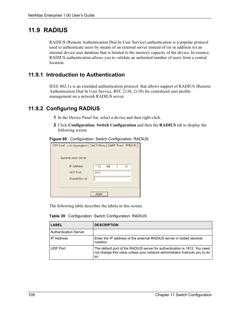 9 radius, 1 introduction to authentication, 2 configuring radius | ZyXEL Communications 1 User Manual | Page 110 / 174