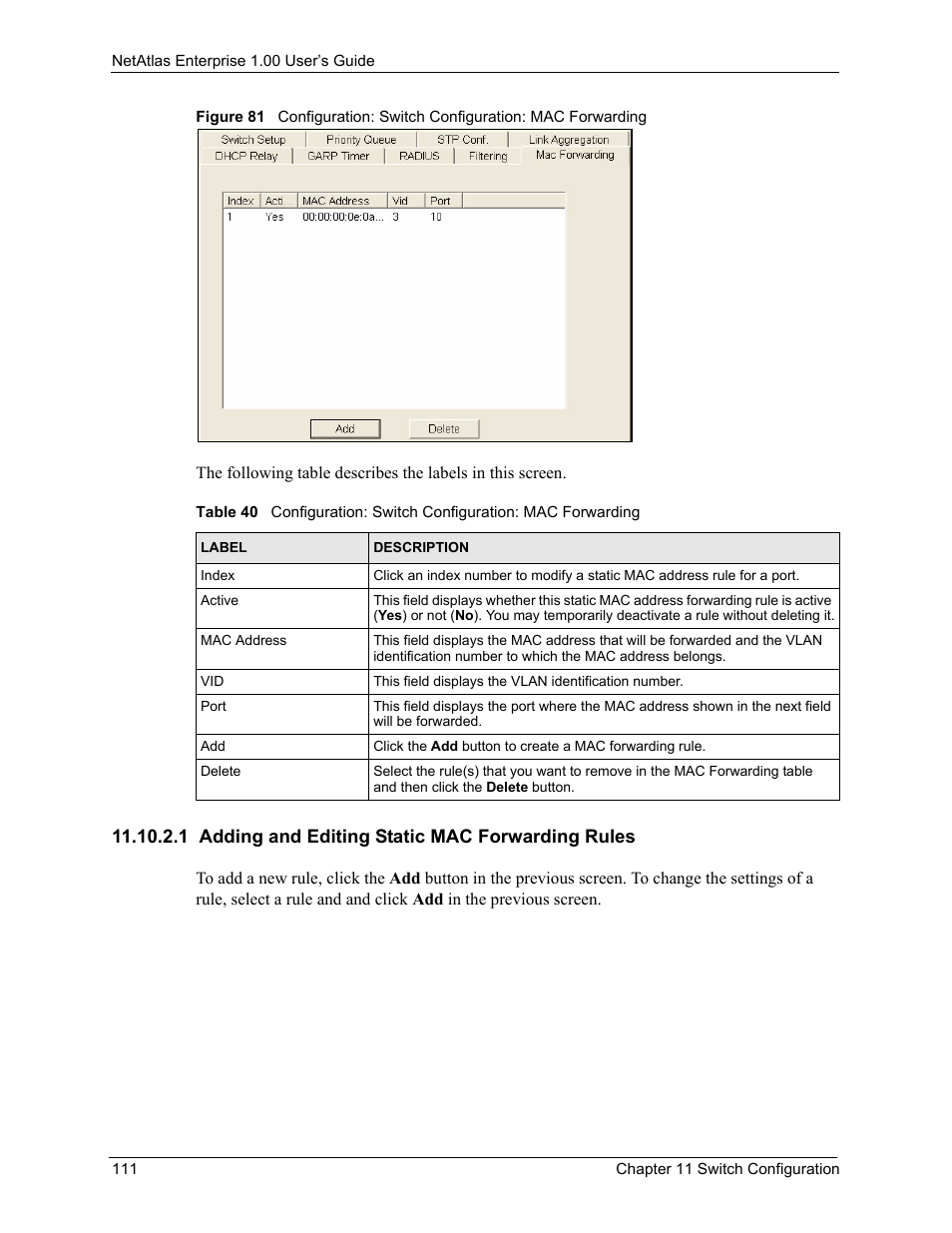 1 adding and editing static mac forwarding rules | ZyXEL Communications 1 User Manual | Page 112 / 174