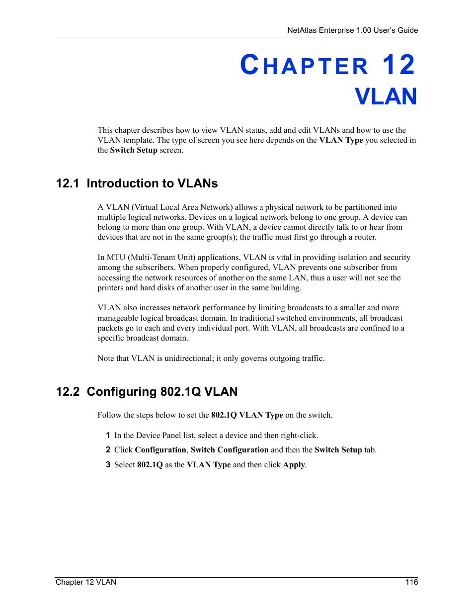 Vlan, 1 introduction to vlans, 2 configuring 802.1q vlan | Chapter 12 vlan | ZyXEL Communications 1 User Manual | Page 117 / 174