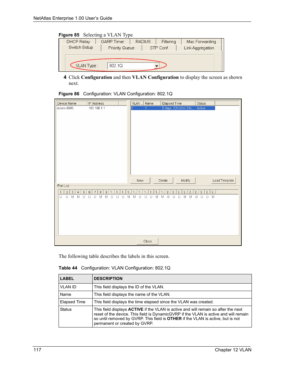 Table 44 configuration: vlan configuration: 802.1q | ZyXEL Communications 1 User Manual | Page 118 / 174