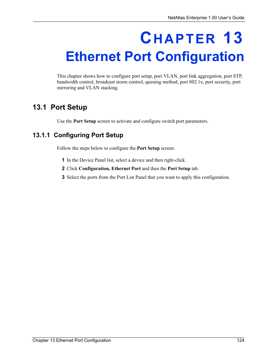 Ethernet port configuration, 1 port setup, 1 configuring port setup | Chapter 13 ethernet port configuration | ZyXEL Communications 1 User Manual | Page 125 / 174