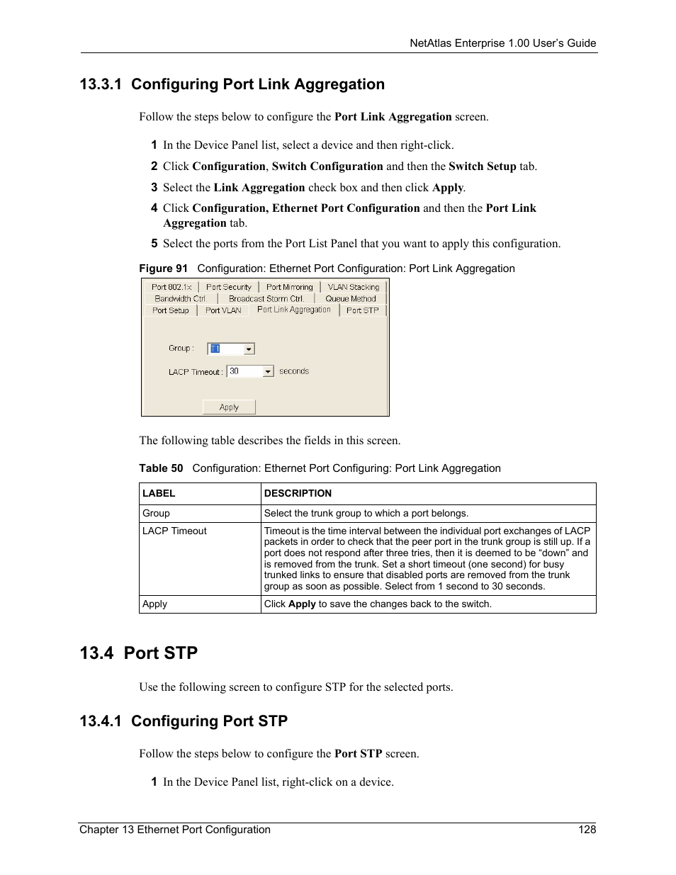 1 configuring port link aggregation, 4 port stp, 1 configuring port stp | ZyXEL Communications 1 User Manual | Page 129 / 174