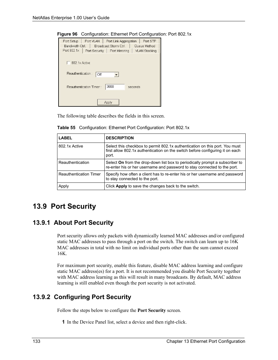 9 port security, 1 about port security, 2 configuring port security | ZyXEL Communications 1 User Manual | Page 134 / 174