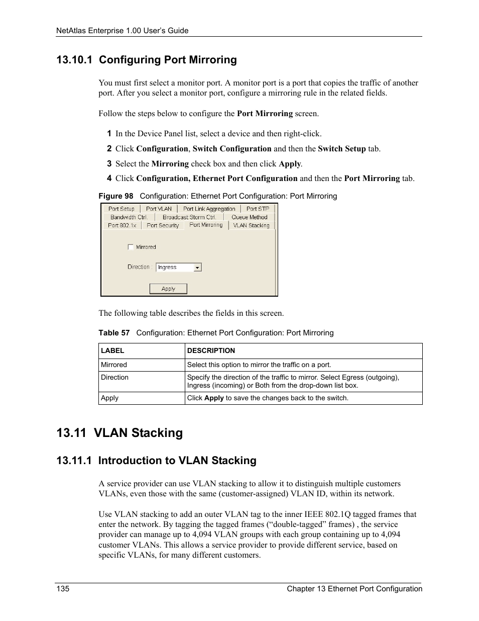 1 configuring port mirroring, 11 vlan stacking, 1 introduction to vlan stacking | ZyXEL Communications 1 User Manual | Page 136 / 174