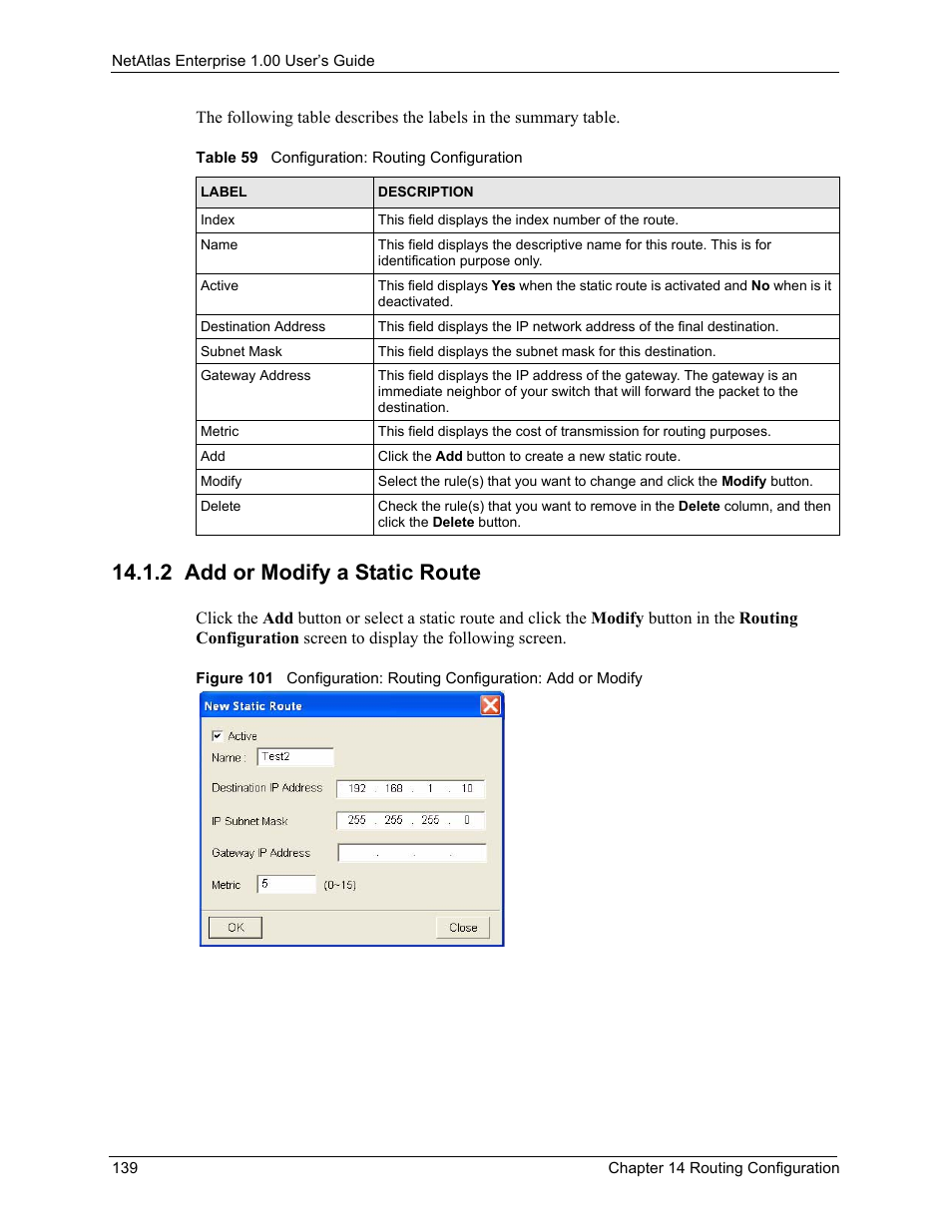 2 add or modify a static route, Table 59 configuration: routing configuration | ZyXEL Communications 1 User Manual | Page 140 / 174