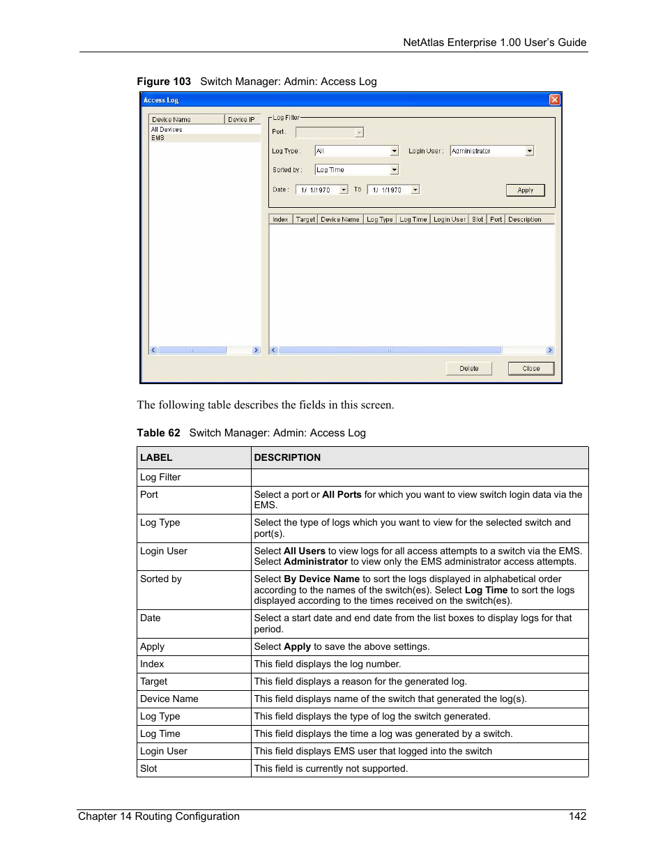 Figure 103 switch manager: admin: access log, Table 62 switch manager: admin: access log | ZyXEL Communications 1 User Manual | Page 143 / 174