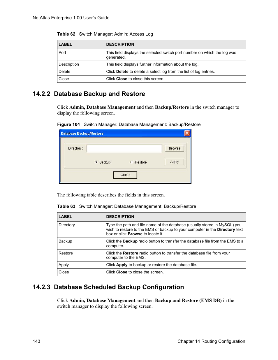 2 database backup and restore, 3 database scheduled backup configuration | ZyXEL Communications 1 User Manual | Page 144 / 174