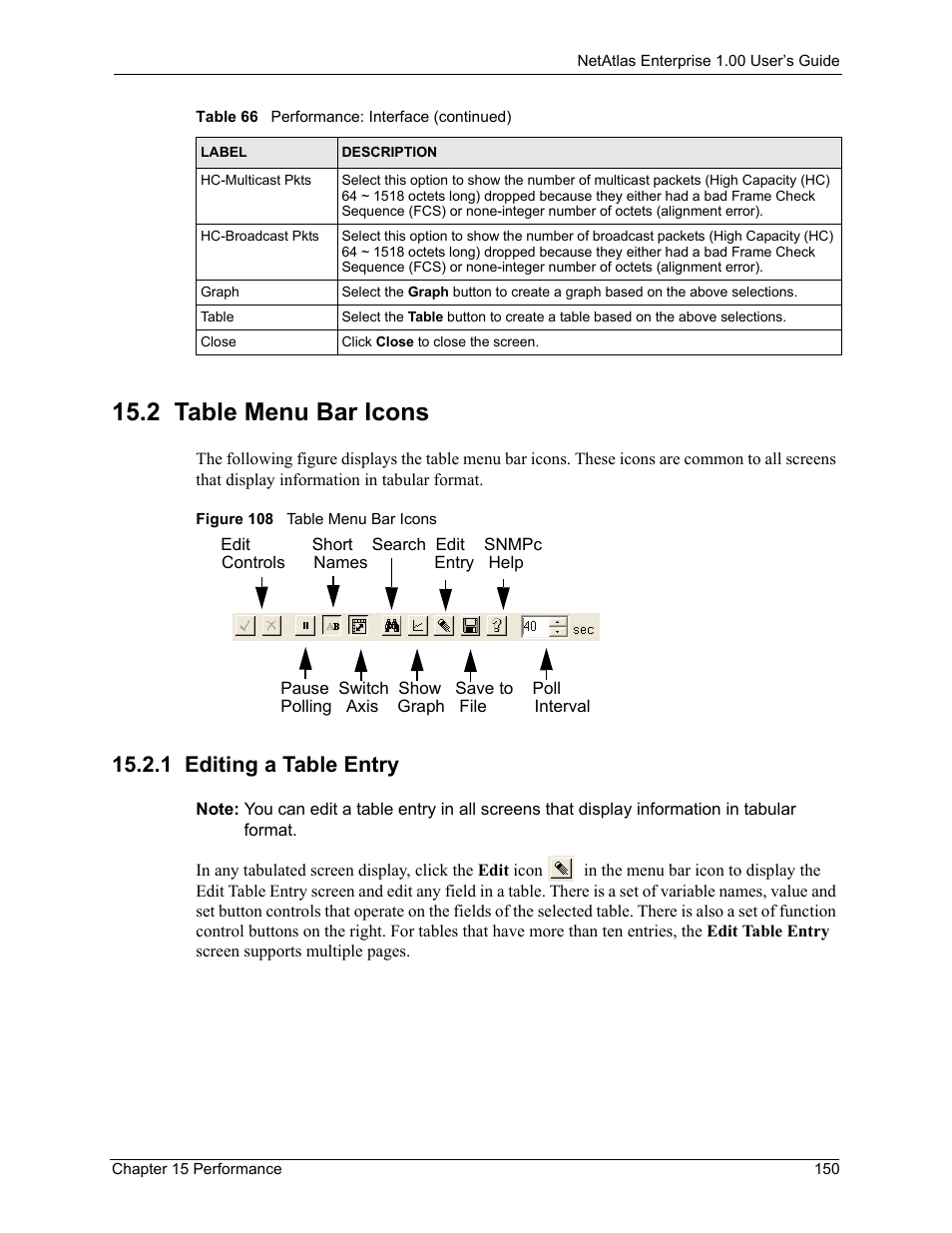2 table menu bar icons, 1 editing a table entry, Figure 108 table menu bar icons | ZyXEL Communications 1 User Manual | Page 151 / 174