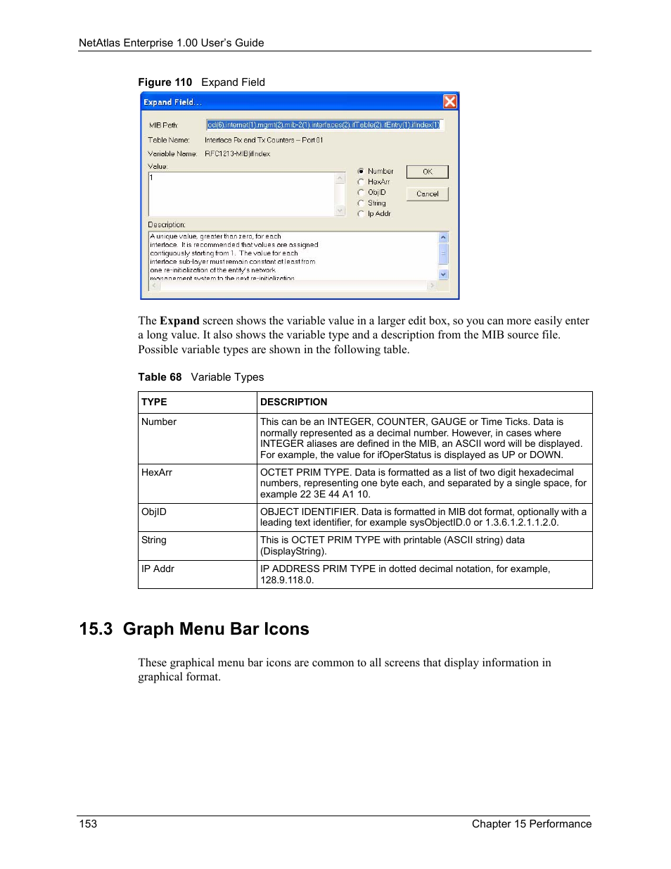 3 graph menu bar icons, Figure 110 expand field, Table 68 variable types | ZyXEL Communications 1 User Manual | Page 154 / 174