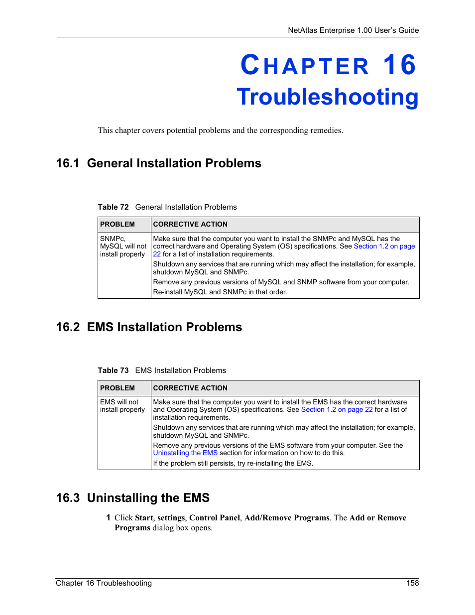 Troubleshooting, 1 general installation problems, 2 ems installation problems | 3 uninstalling the ems, Chapter 16 troubleshooting | ZyXEL Communications 1 User Manual | Page 159 / 174