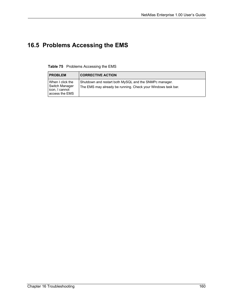 5 problems accessing the ems, Table 75 problems accessing the ems | ZyXEL Communications 1 User Manual | Page 161 / 174