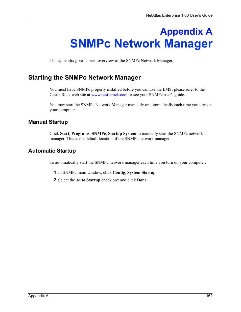 Snmpc network manager, Starting the snmpc network manager, Manual startup | Automatic startup, Appendix a snmpc network manager, Manual startup automatic startup, Appendix a | ZyXEL Communications 1 User Manual | Page 163 / 174