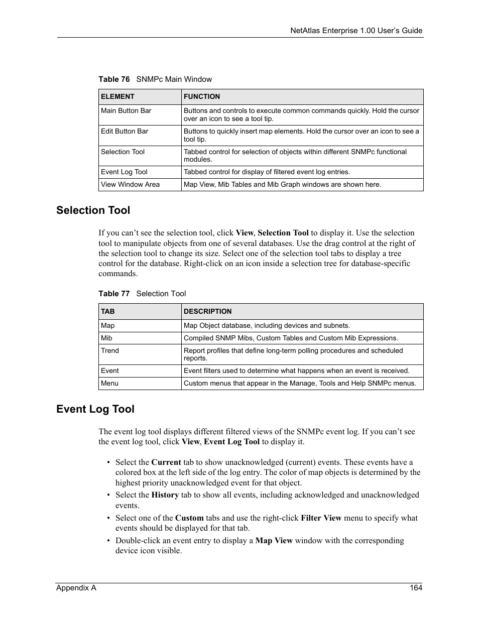 Selection tool, Event log tool, Selection tool event log tool | Table 76 snmpc main window table 77 selection tool | ZyXEL Communications 1 User Manual | Page 165 / 174