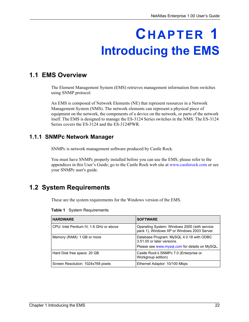 Introducing the ems, 1 ems overview, 1 snmpc network manager | 2 system requirements, Chapter 1 introducing the ems, Table 1 system requirements | ZyXEL Communications 1 User Manual | Page 23 / 174
