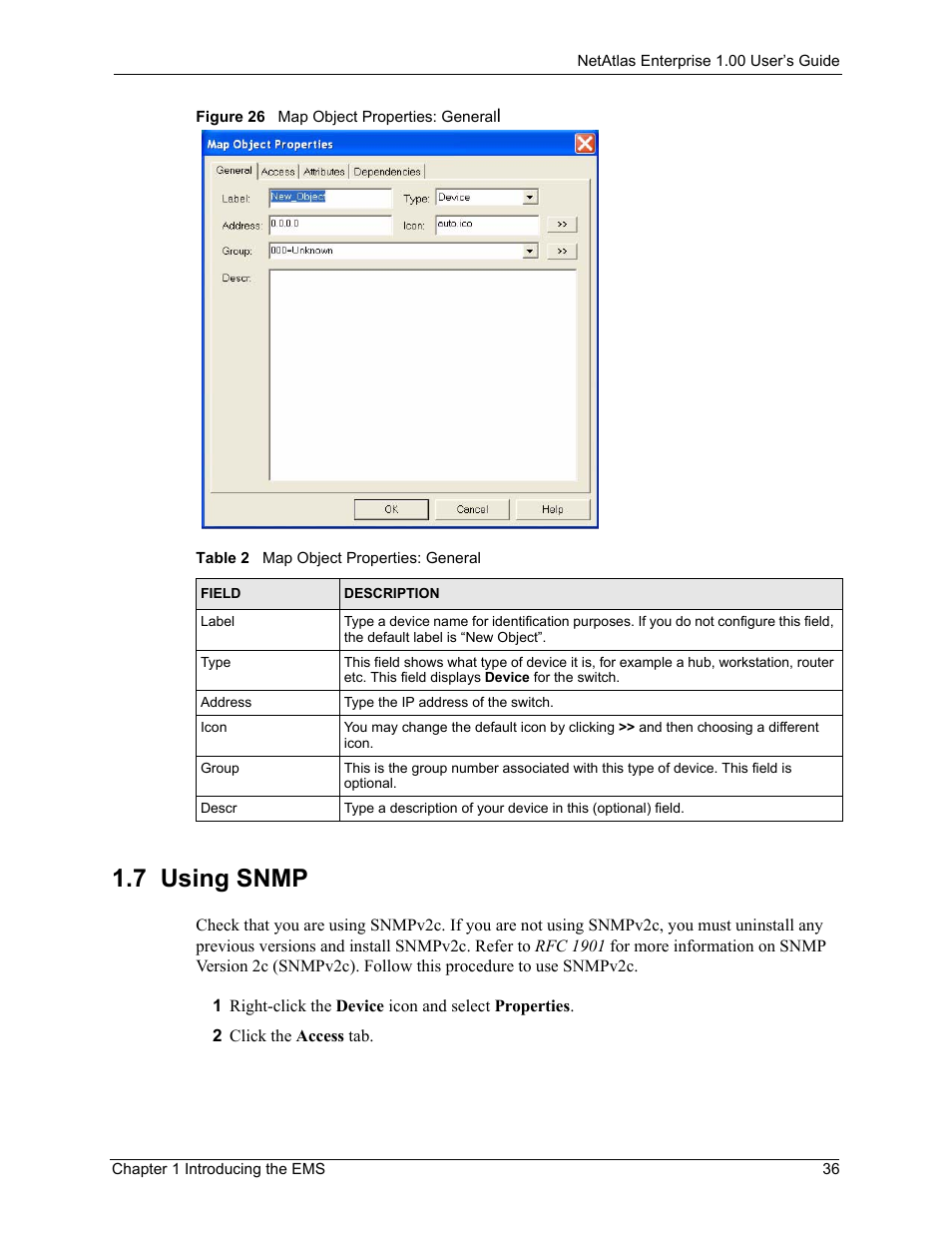 7 using snmp, Figure 26 map object properties: generall, Table 2 map object properties: general | ZyXEL Communications 1 User Manual | Page 37 / 174