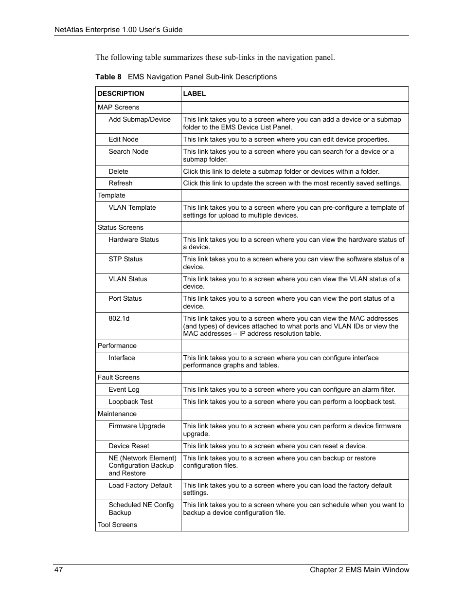 Table 8 ems navigation panel sub-link descriptions | ZyXEL Communications 1 User Manual | Page 48 / 174