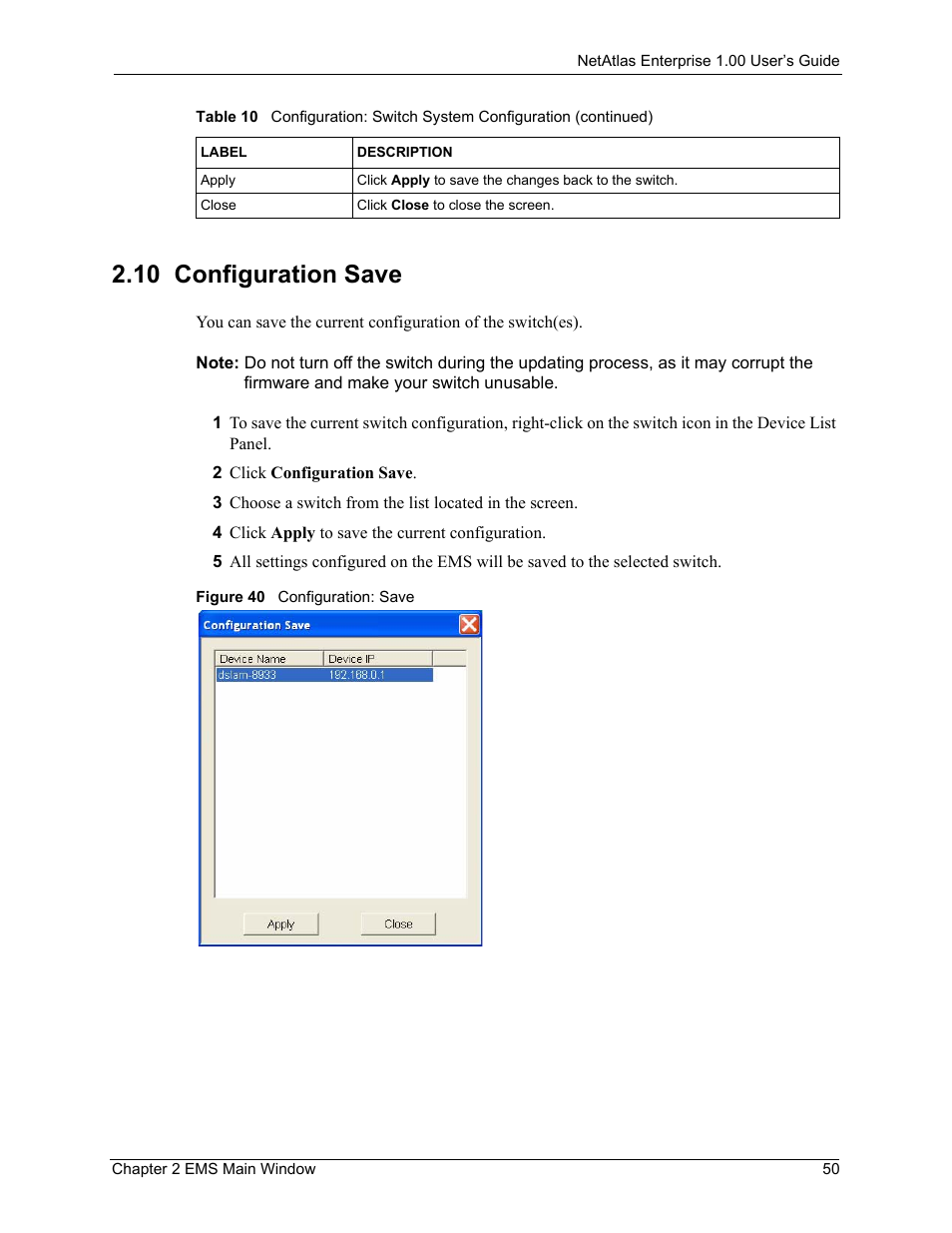 10 configuration save, Figure 40 configuration: save | ZyXEL Communications 1 User Manual | Page 51 / 174