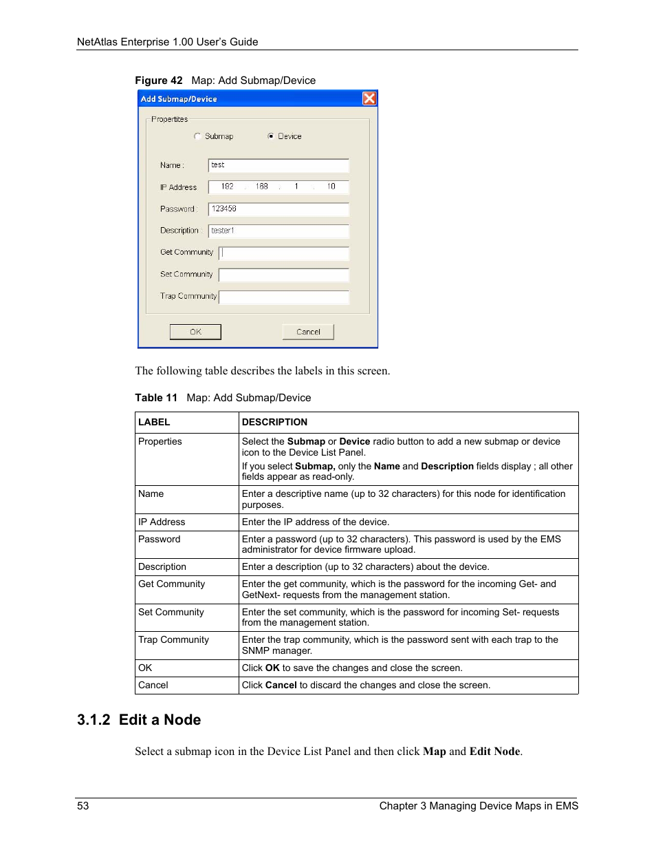 2 edit a node, Figure 42 map: add submap/device, Table 11 map: add submap/device | ZyXEL Communications 1 User Manual | Page 54 / 174