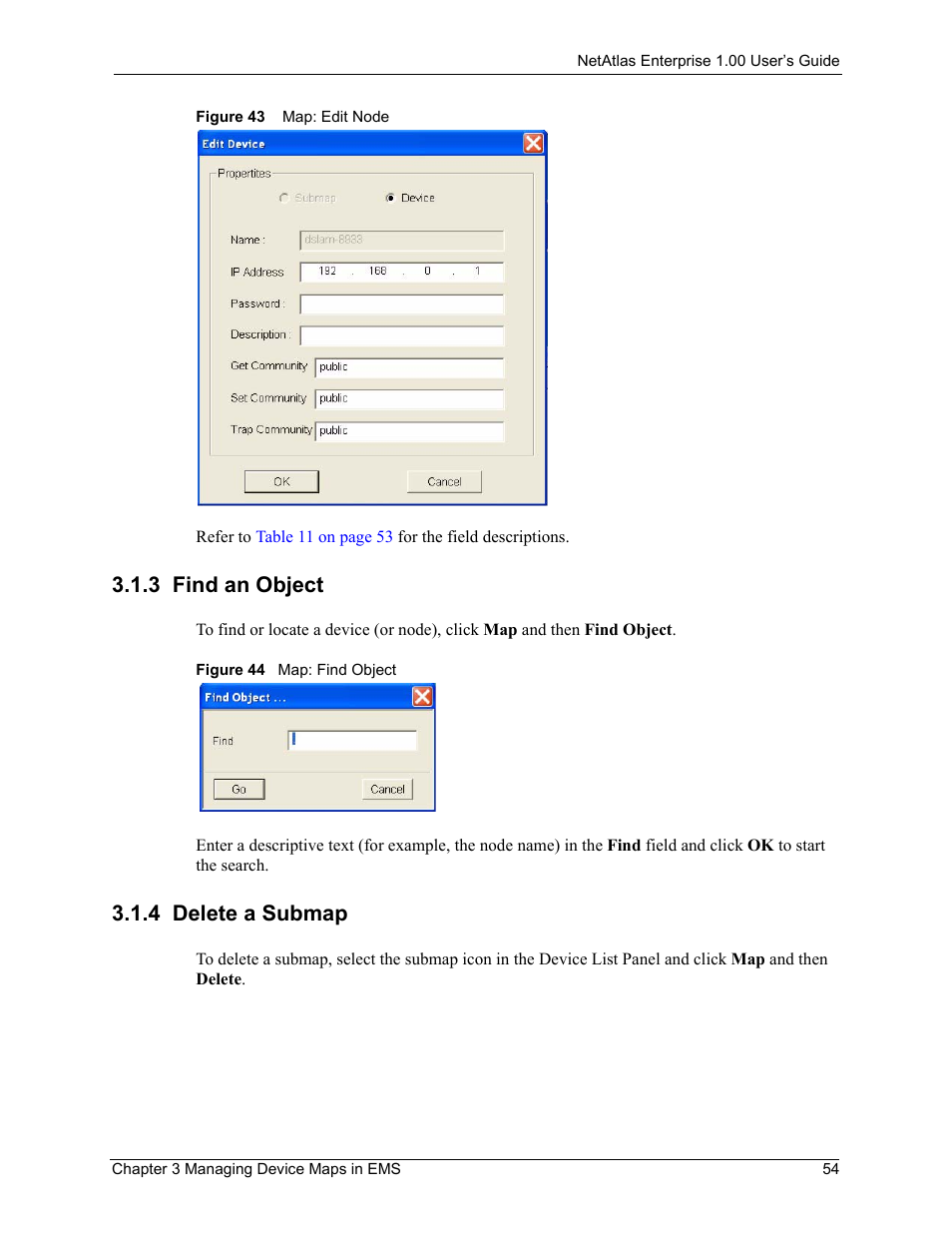 3 find an object, 4 delete a submap, 3 find an object 3.1.4 delete a submap | ZyXEL Communications 1 User Manual | Page 55 / 174