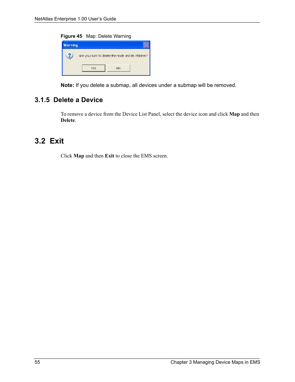 5 delete a device, 2 exit, Figure 45 map: delete warning | ZyXEL Communications 1 User Manual | Page 56 / 174