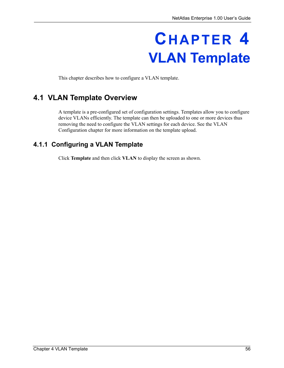 Vlan template, 1 vlan template overview, 1 configuring a vlan template | Chapter 4 vlan template | ZyXEL Communications 1 User Manual | Page 57 / 174