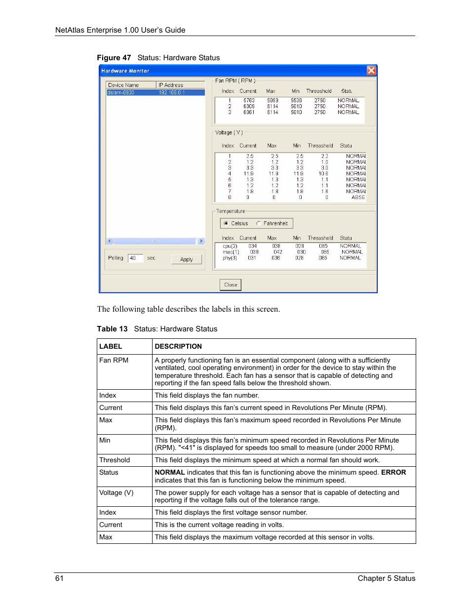 Figure 47 status: hardware status, Table 13 status: hardware status | ZyXEL Communications 1 User Manual | Page 62 / 174
