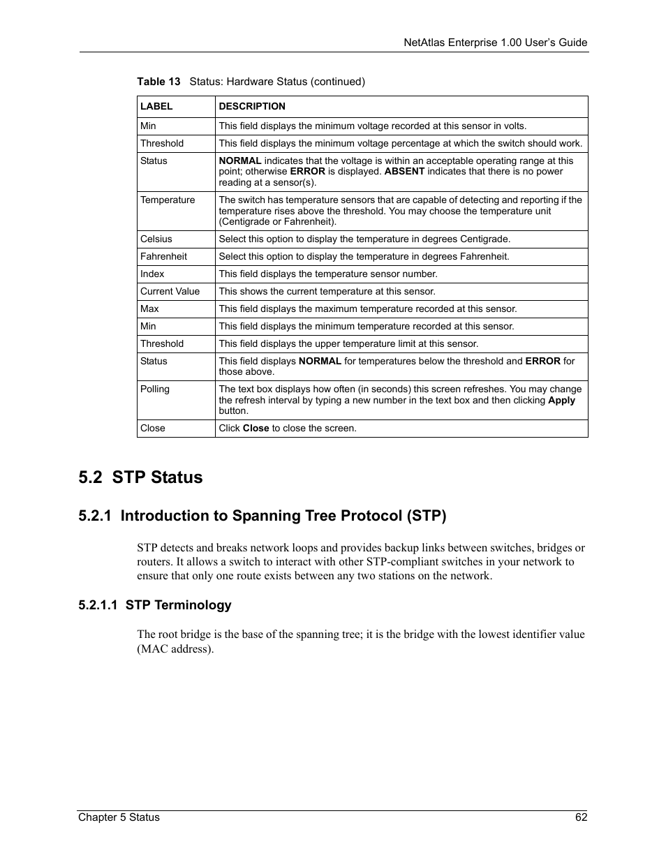 2 stp status, 1 introduction to spanning tree protocol (stp), 1 stp terminology | ZyXEL Communications 1 User Manual | Page 63 / 174