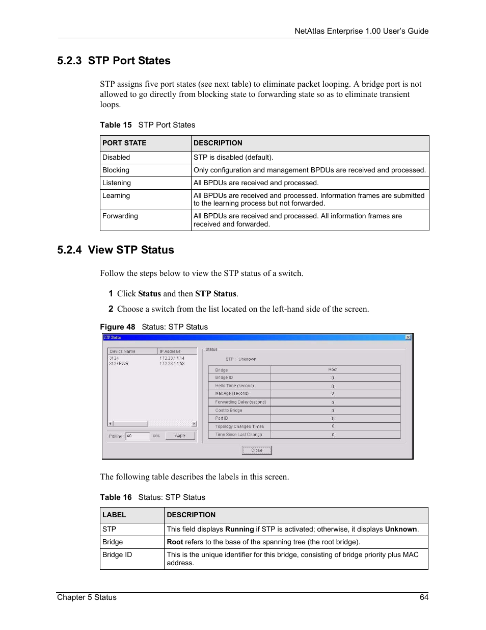 3 stp port states, 4 view stp status, 3 stp port states 5.2.4 view stp status | Figure 48 status: stp status | ZyXEL Communications 1 User Manual | Page 65 / 174