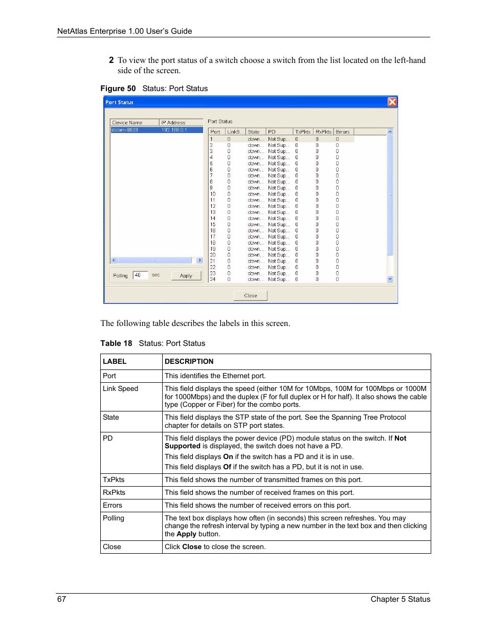 Figure 50 status: port status, Table 18 status: port status | ZyXEL Communications 1 User Manual | Page 68 / 174
