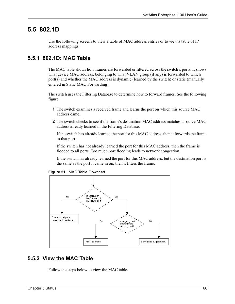 5 802.1d, 1 802.1d: mac table, 2 view the mac table | 1 802.1d: mac table 5.5.2 view the mac table, Figure 51 mac table flowchart | ZyXEL Communications 1 User Manual | Page 69 / 174
