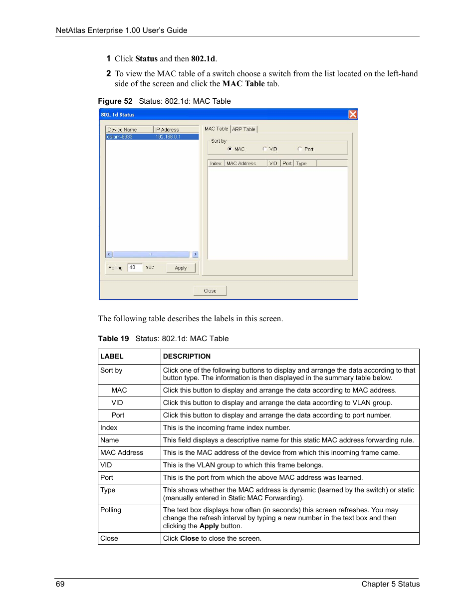 Figure 52 status: 802.1d: mac table, Table 19 status: 802.1d: mac table | ZyXEL Communications 1 User Manual | Page 70 / 174