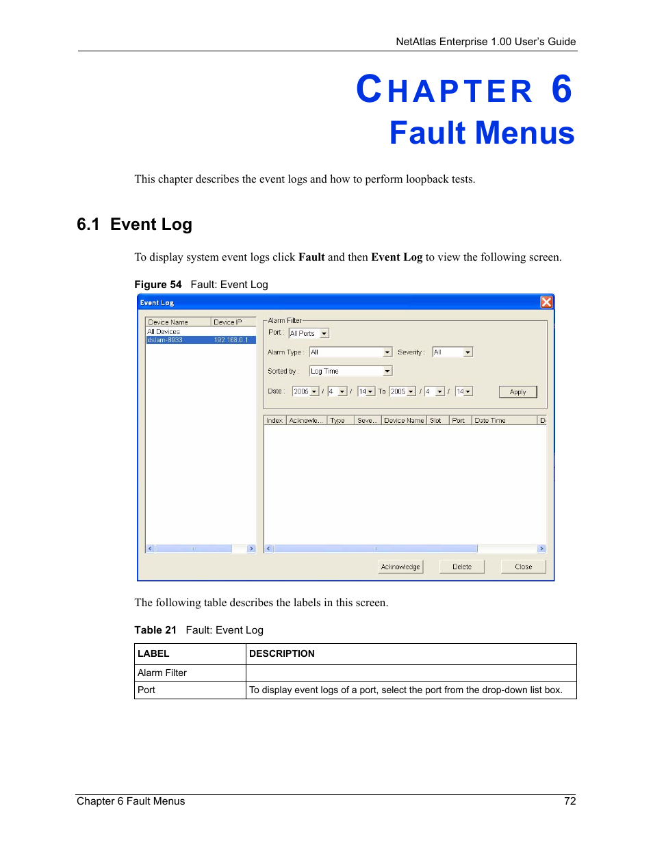 Fault menus, 1 event log, Chapter 6 fault menus | Figure 54 fault: event log, Table 21 fault: event log | ZyXEL Communications 1 User Manual | Page 73 / 174