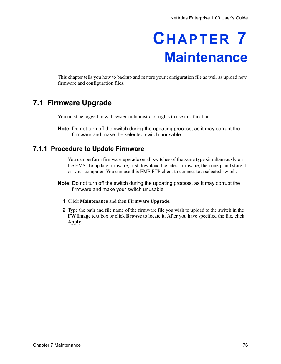 Maintenance, 1 firmware upgrade, 1 procedure to update firmware | Chapter 7 maintenance | ZyXEL Communications 1 User Manual | Page 77 / 174