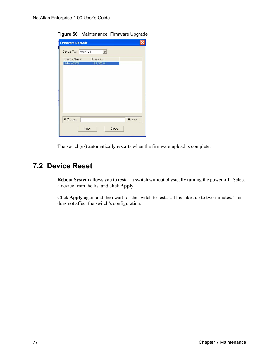 2 device reset, Figure 56 maintenance: firmware upgrade | ZyXEL Communications 1 User Manual | Page 78 / 174