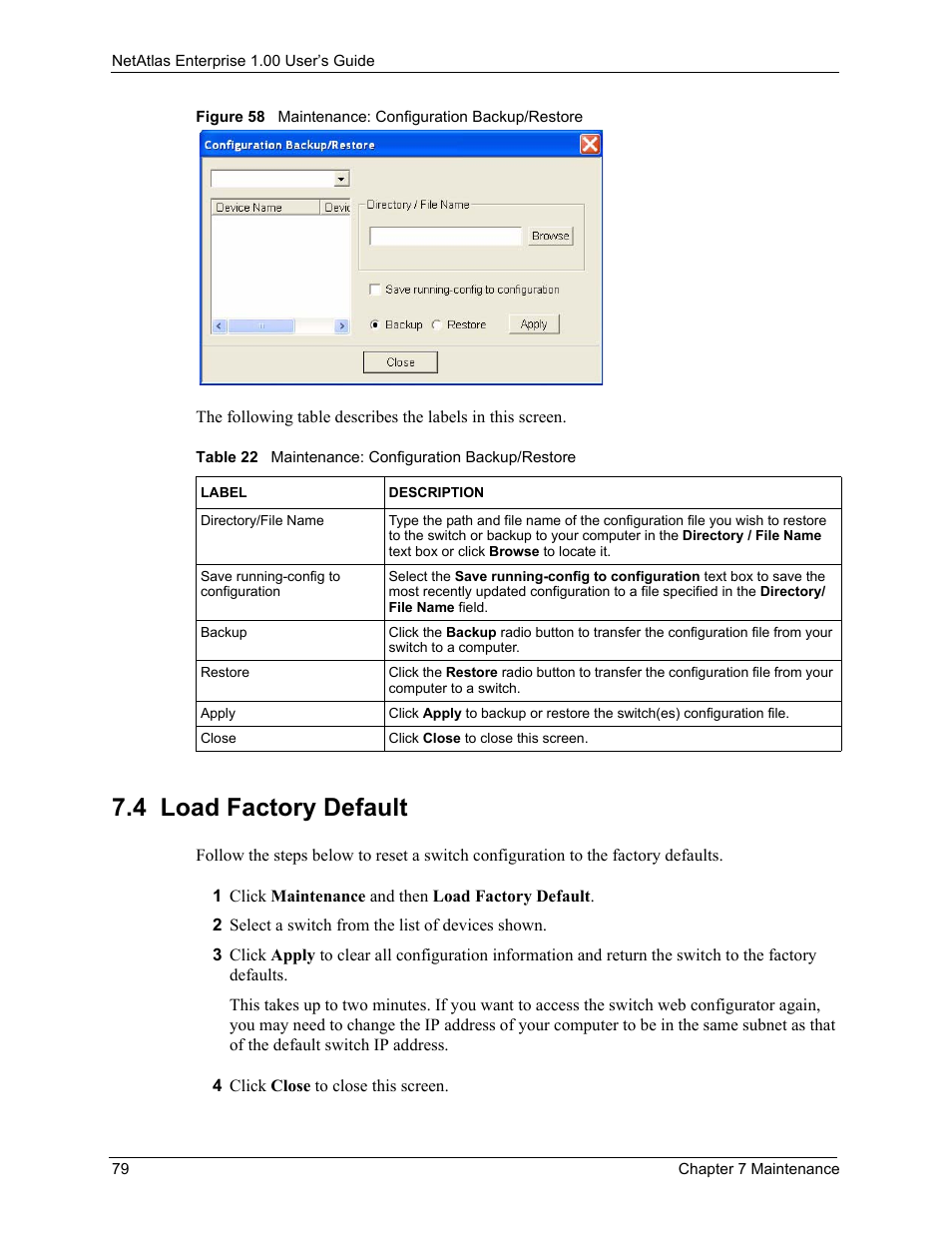 4 load factory default, Table 22 maintenance: configuration backup/restore | ZyXEL Communications 1 User Manual | Page 80 / 174