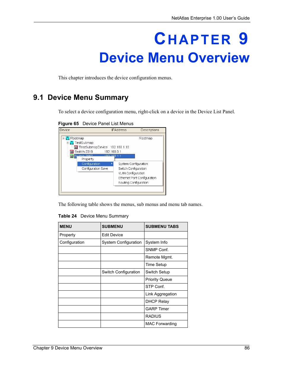 Device menu overview, 1 device menu summary, Chapter 9 device menu overview | Figure 65 device panel list menus, Table 24 device menu summary | ZyXEL Communications 1 User Manual | Page 87 / 174